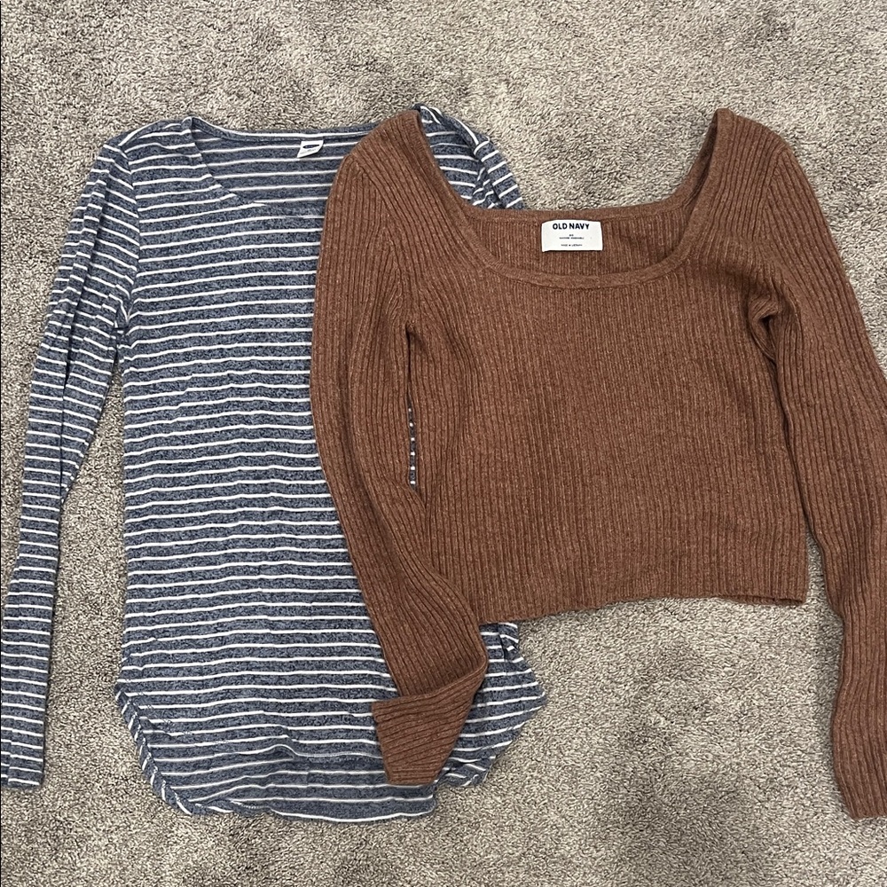 Like New Old Navy Brown Ribbed and Blue/Gray Striped Sweaters XS